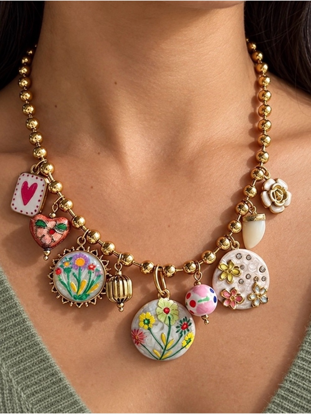 Gold Floral Charm Necklace - Multicolor Trendy Design